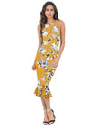 Yellow Floral Bodycon Midi Dress With Frill Hem