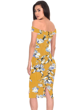 Yellow Floral Bardot Bodycon Dress