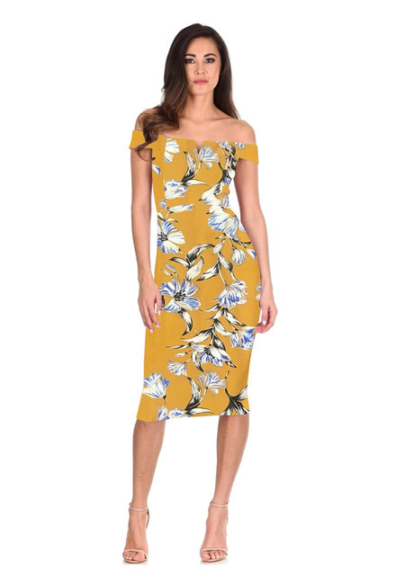 Yellow Floral Bardot Bodycon Dress