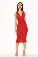 Red Plunge Midi Dress With Twist Front