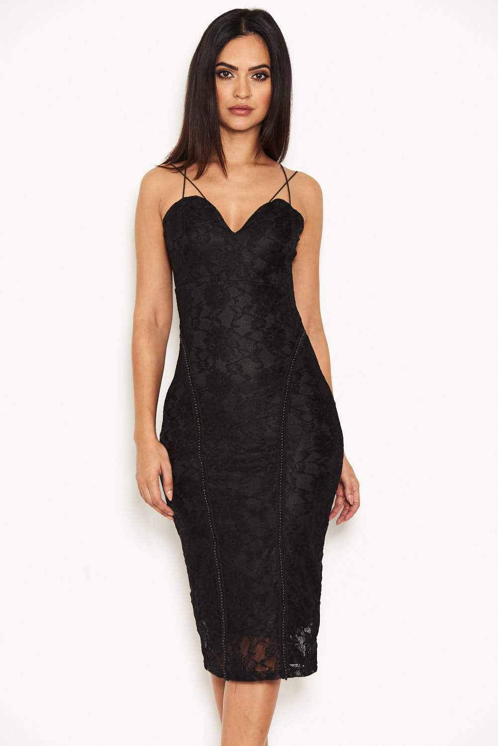 Black Lace Midi Dress With Plunge Neckline – AX Paris US