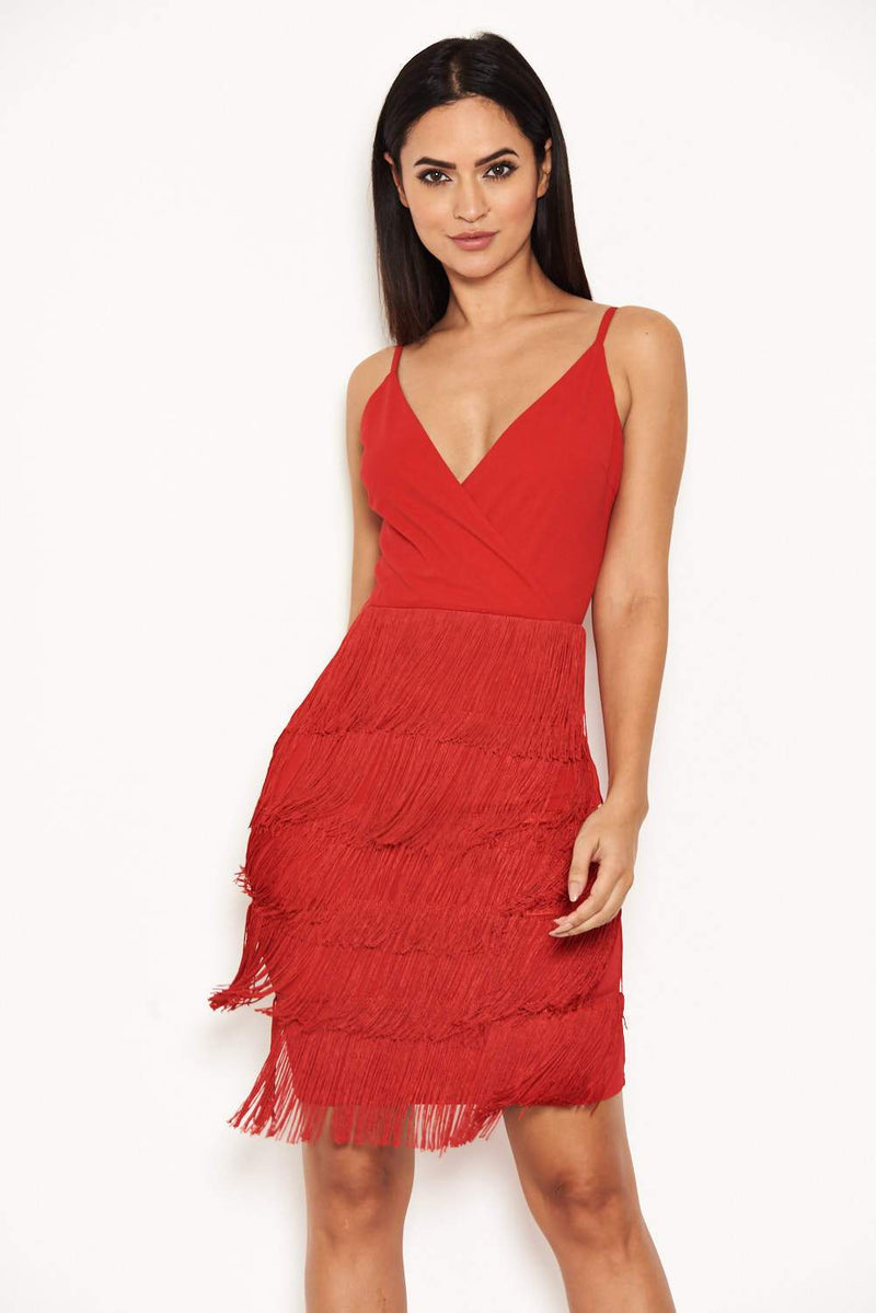 Red Tassel Front Wrap Dress