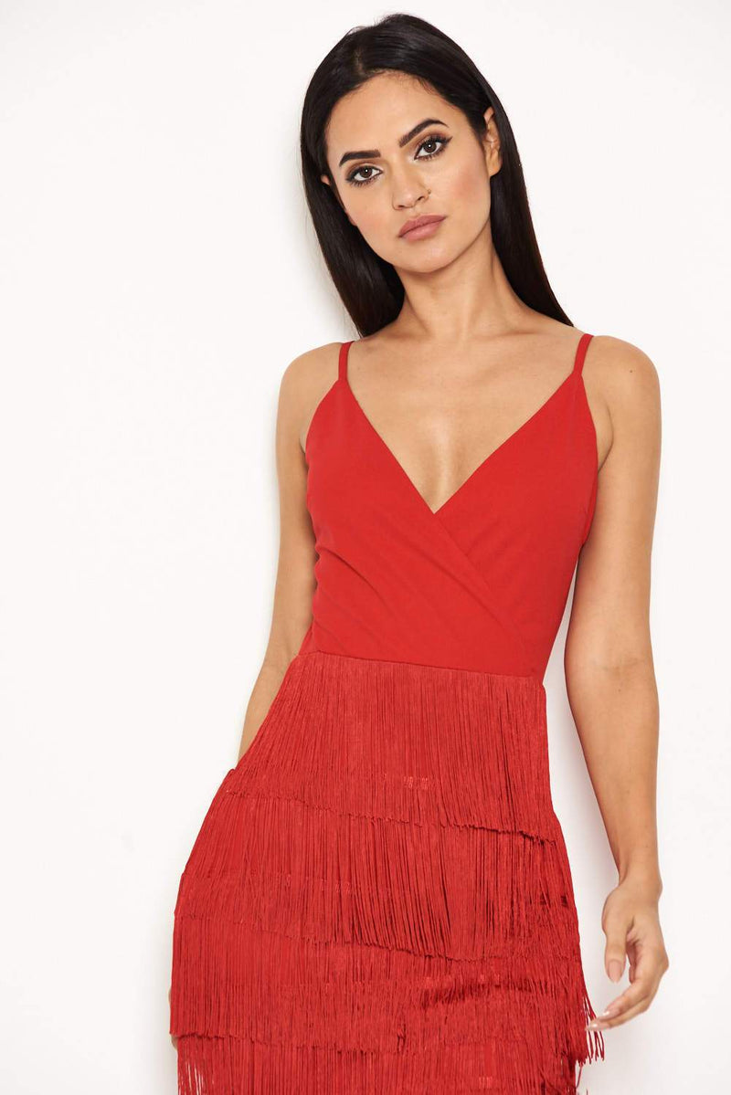 Red Tassel Front Wrap Dress