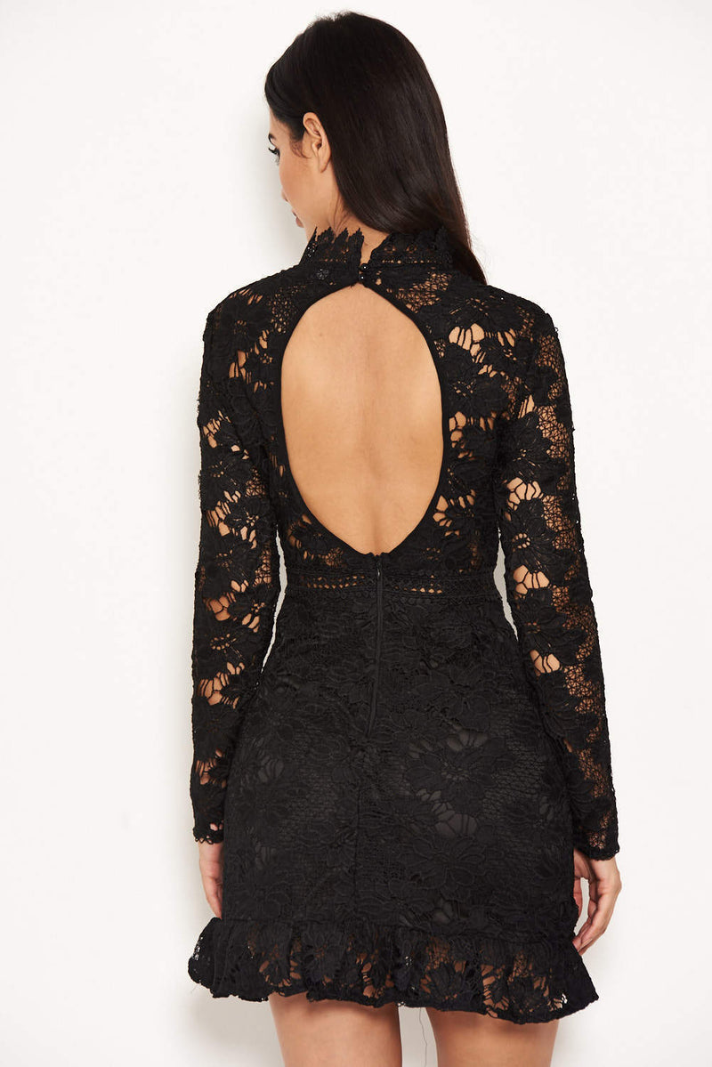 Black Lace Dress With Frill Hem And Cut Out Back