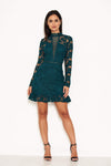 Teal Lace Dress With Frill Hem And Cut Out Back