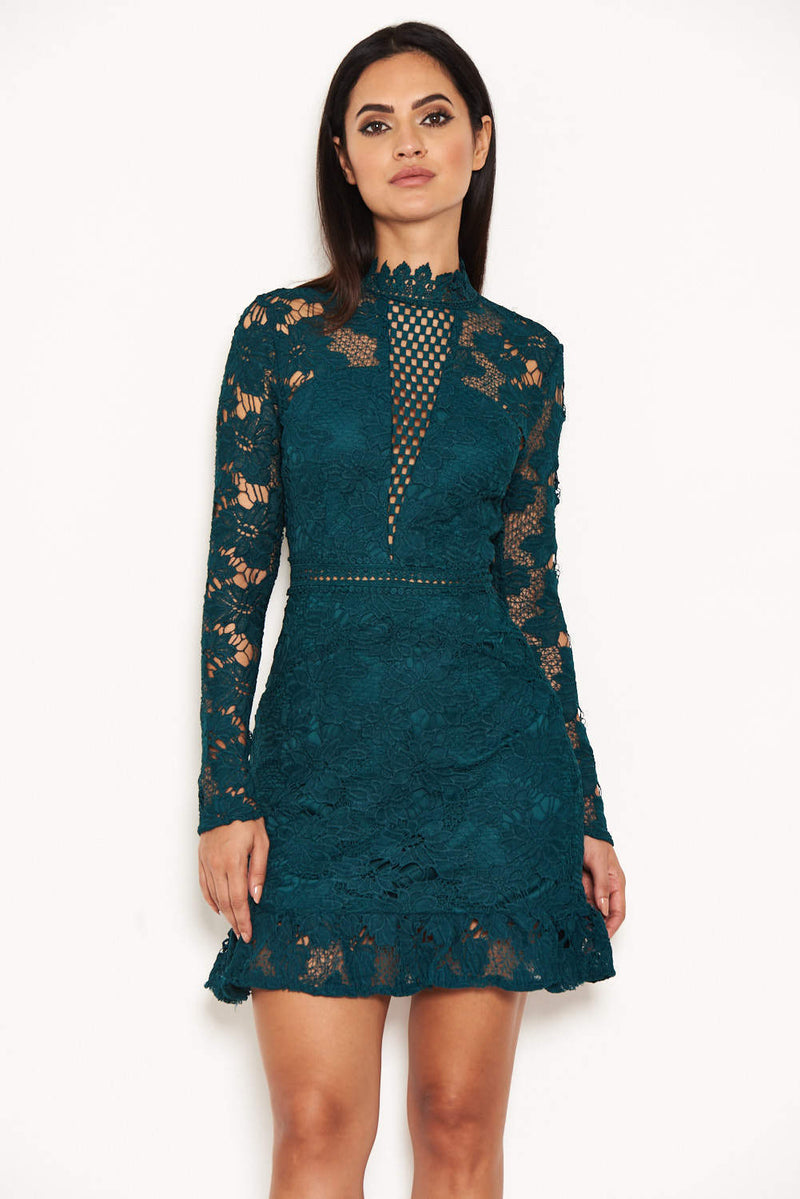 Teal Lace Dress With Frill Hem And Cut Out Back