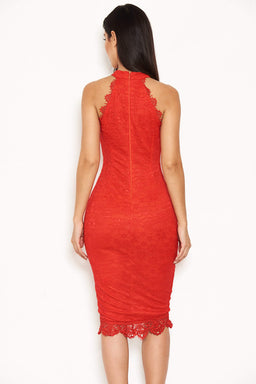 Red Halter Neck Midi Dress