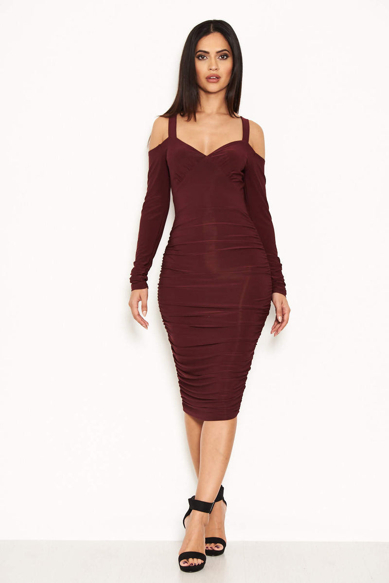 Plum Slinky Ruched Cold Shoulder Dress