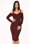 Plum Slinky Ruched Cold Shoulder Dress