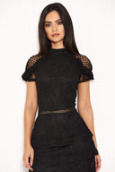 Black High Neck Lace Layer Frill Mini Dress