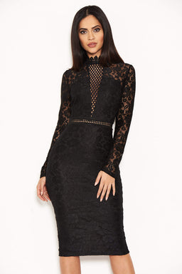 Black High Neck Lace Dress With Frill Hem