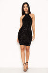 Black Sequin Velvet High Neck Dress