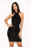 Black Sequin Velvet High Neck Dress