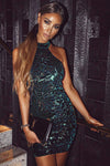 Green Sequin Velvet High Neck Dress