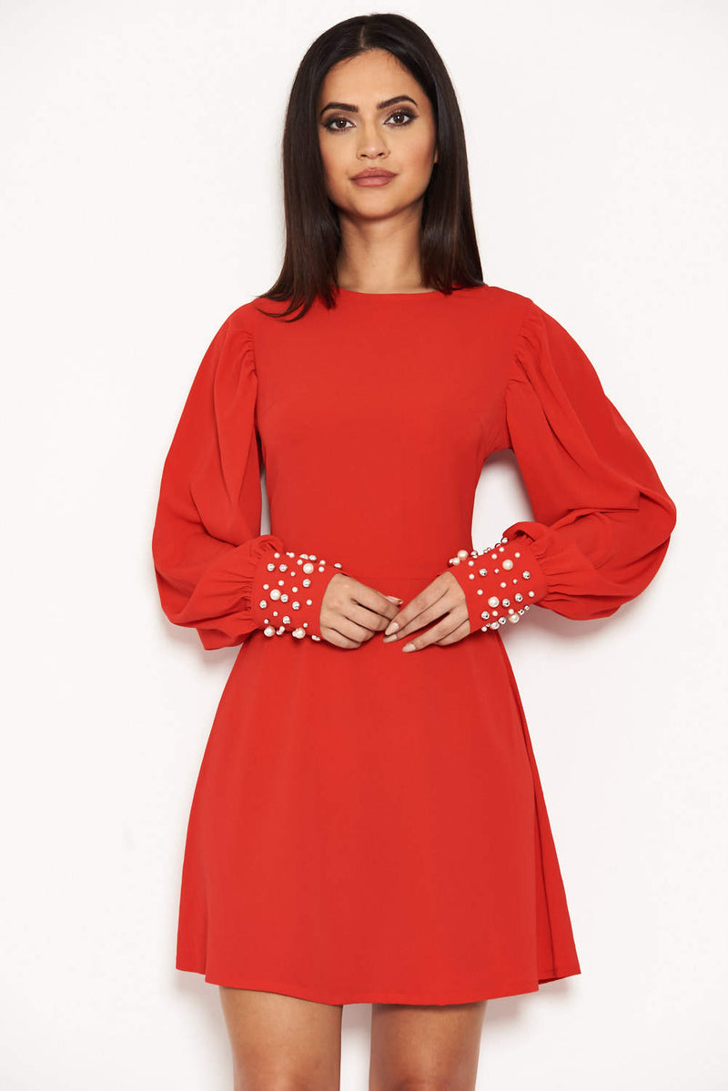 Red Pearl Detailed Mini Dress