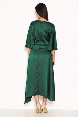 Green Midi Dress With Ruffle Sleeves And Tie Waist