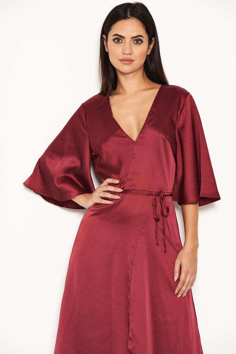 Plum Midi Dress With Ruffle Sleeves And Tie Waist