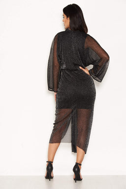 Black Sparkle Wrap Dress With Plunge Neck