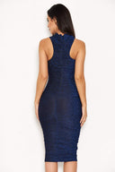Blue Ruched Midi Dress With High Neck