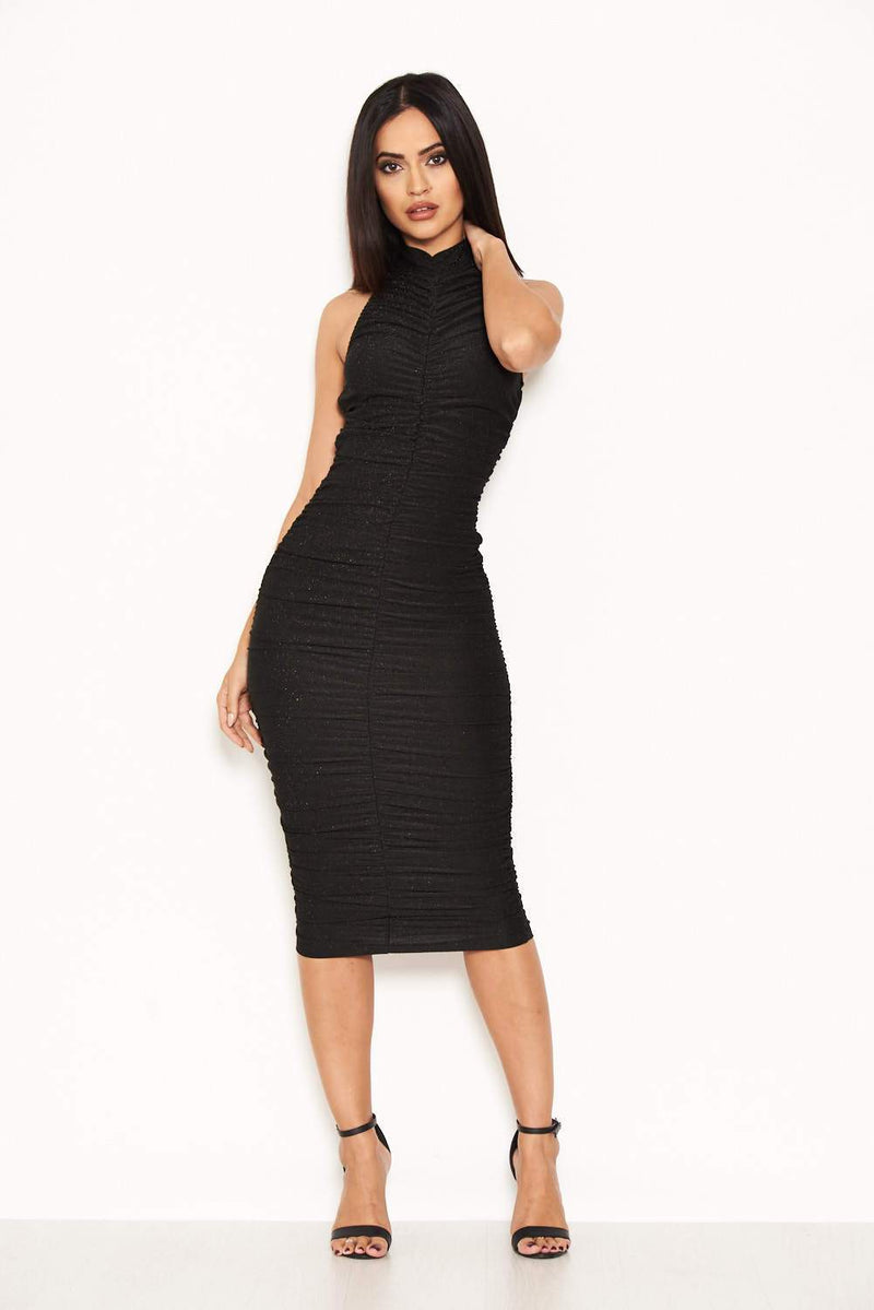 Black Ruched Midi Dress With High Neck – AX Paris US