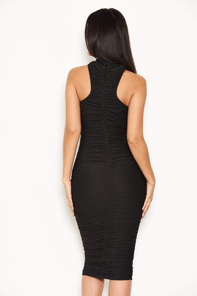 Black Ruched Midi Dress With High Neck
