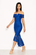 Blue Lace Bardot Fishtail Dress