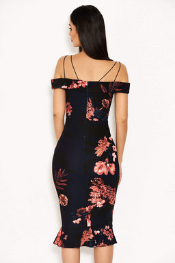 Navy Floral Strappy Frill Hem Dress