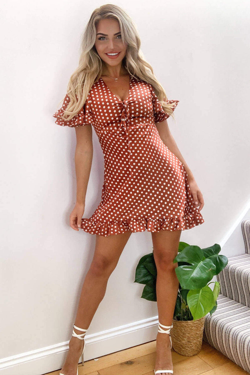 Rust Polka Dot Gathered Tie Front Dress