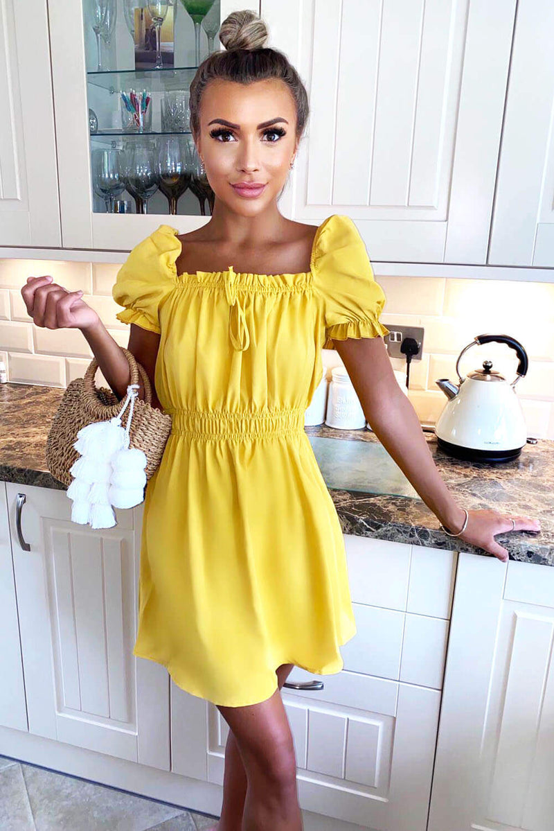 Yellow Milkmaid Neck Frill Dress