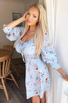 Blue Floral Print Tie Neckline Long Sleeve Dress