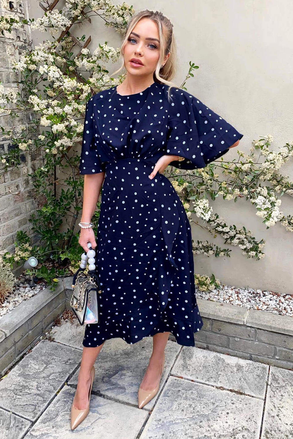 Navy Polka Dot Wrap Frill Midi Dress – AX Paris US