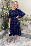 Navy Polka Dot Wrap Frill Midi Dress