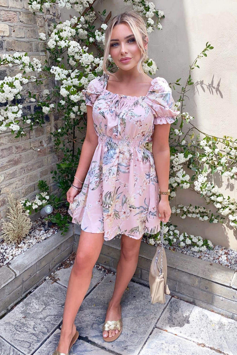 pink floral milkmaid dress Hollister short sleeve milkmaid midi slit dress in pink floral