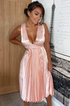 Pink Satin Pleated Wrap Dress