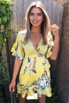 Yellow Floral Print Frill Wrap Dress