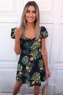 Navy Leaf Print Skater Dress with Sweetheart Neckline