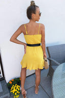 Yellow Strappy Frill Hem Mini Dress