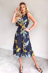 Navy Printed Midi Dress with Frilled Hem