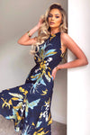 Navy Printed Midi Dress with Frilled Hem