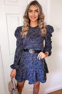 Blue Puff Sleeve Frill Printed Shift Dress