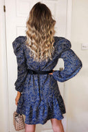 Blue Puff Sleeve Frill Printed Shift Dress