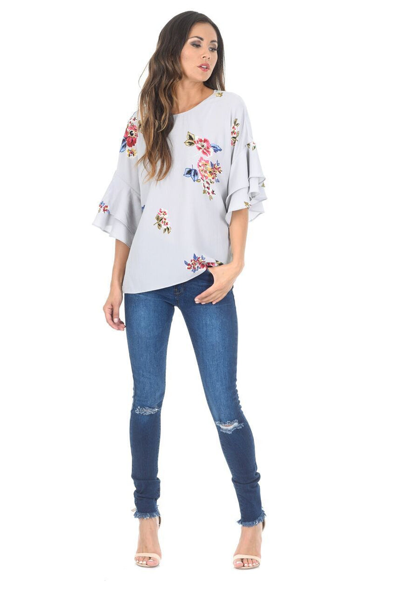 Grey Floral Frill Sleeve Top