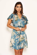 Duck Egg Floral Pleated Wrap Dress