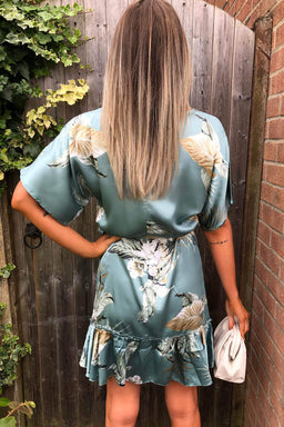 Duck Egg Floral Print Tie Waist Frill Dress