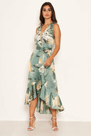 Duck Egg Floral Satin Wrap Frill Dress