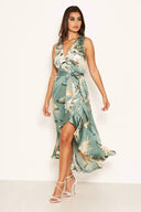 Duck Egg Floral Satin Wrap Frill Dress