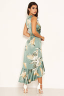 Duck Egg Floral Satin Wrap Frill Dress