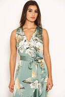 Duck Egg Floral Satin Wrap Frill Dress