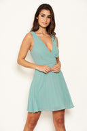 Duck Egg V Neck Pleated Mini Dress