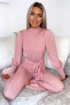 Dusty Pink Ribbed Tie Waist Lounge Set